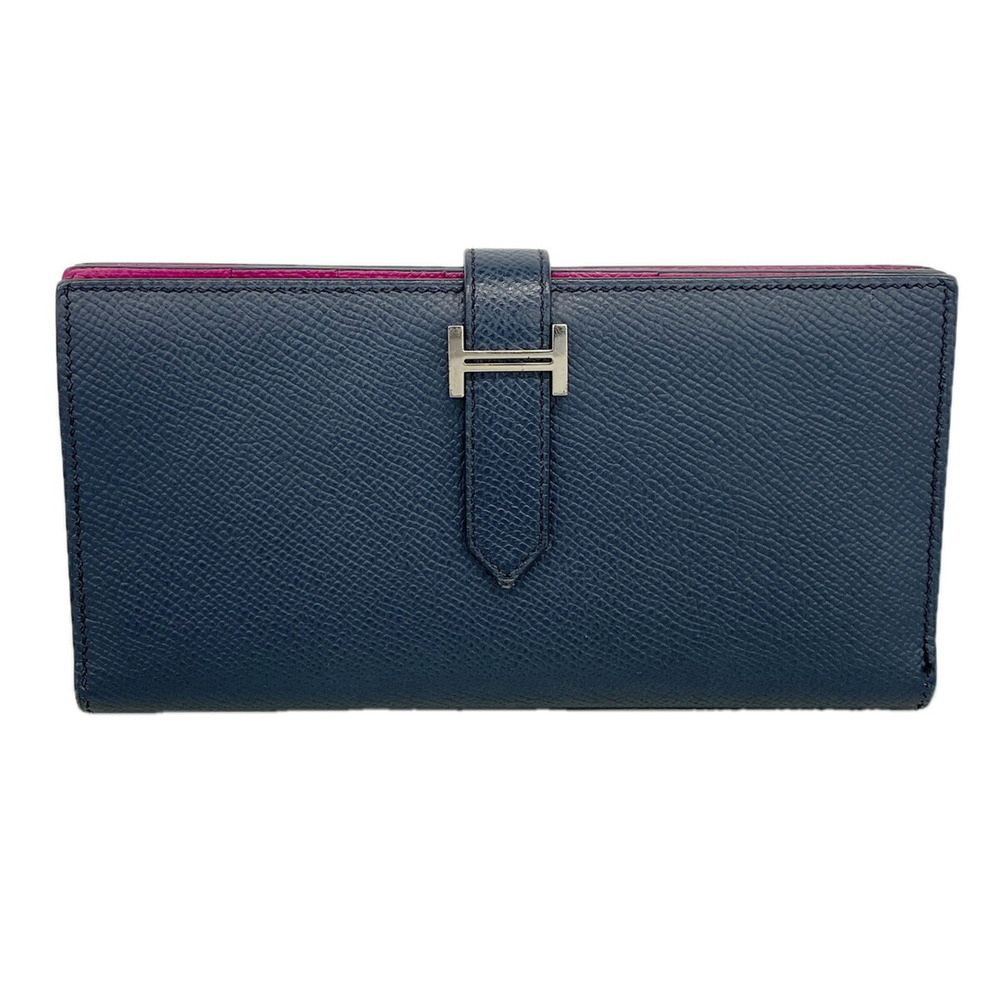 Hermes Bearn Soufflet Verso Long Wallet, Veau Epsom Leather, Blue Indigo/Rose...